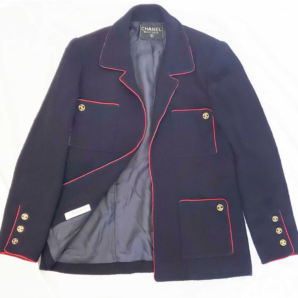 CHANEL Boutique Womens Vintage Navy Wool Boucle Blazer Logo CC Buttons Red Trim - Picture 15 of 15